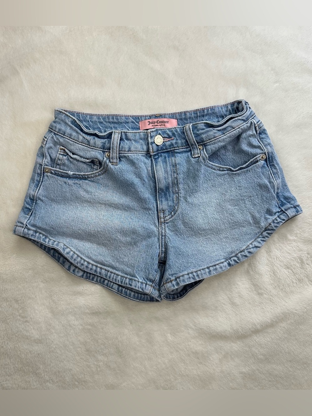 Juicy Couture "Star Spell" Light Wash Dolphin Hem Denim Shorts Size 1/25